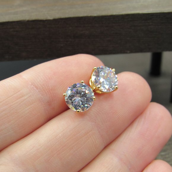 Sterling Silver Medium Size Clear CZ Gold Plated Stud Earrings Vintage - Picture 3 of 7